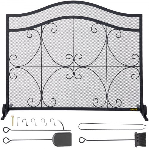 Black heavy-duty iron fireplace screen with double doors and decorative geometric patterns.