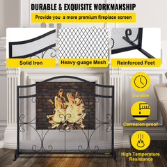 Black iron fireplace screen with a double-door design and geometric patterns for safety and style.