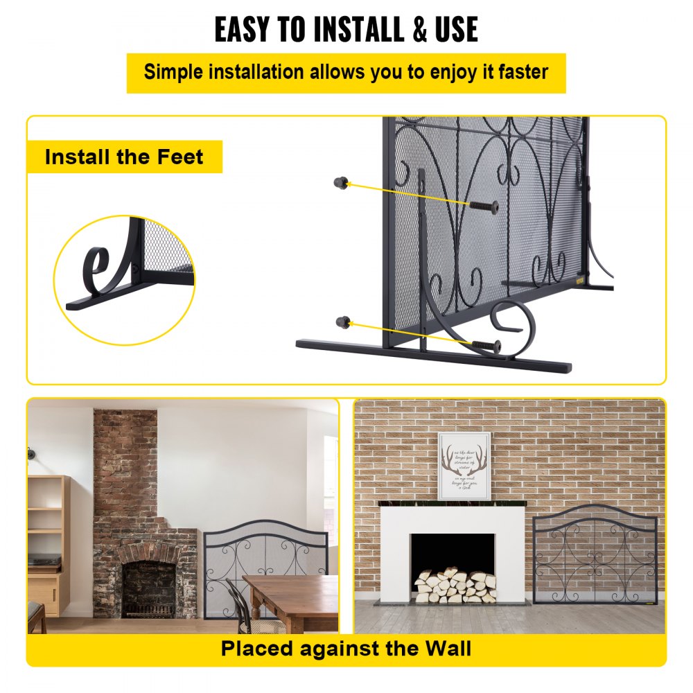 Black heavy-duty iron fireplace screen with double doors and geometric patterns.