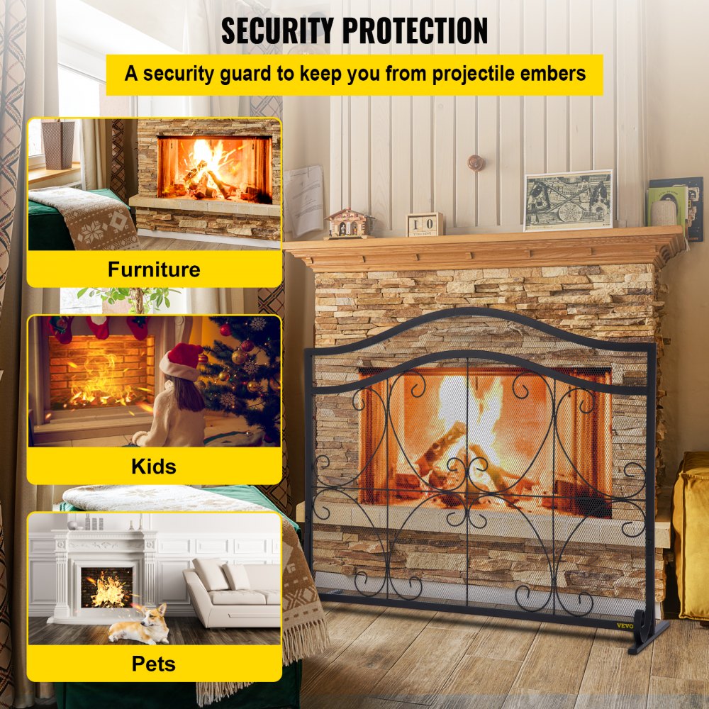 Black heavy-duty iron fireplace screen with double doors and geometric patterns.