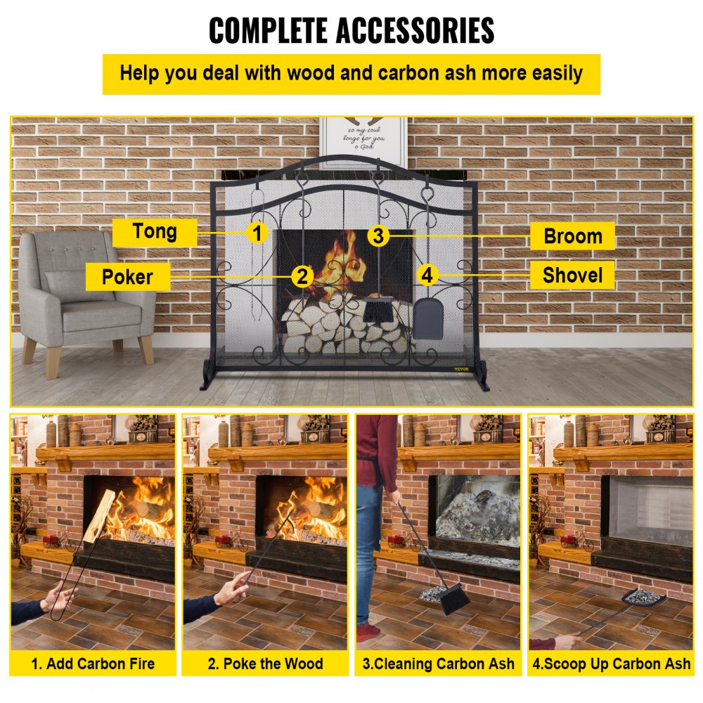 Black iron fireplace screen with geometric patterns and double-door design for easy access.