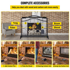 Black iron fireplace screen with geometric patterns and double-door design for easy access.