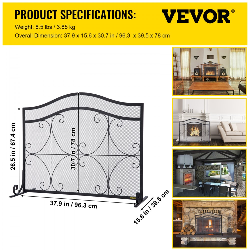 Black heavy-duty iron fireplace screen with double doors and geometric grid pattern.