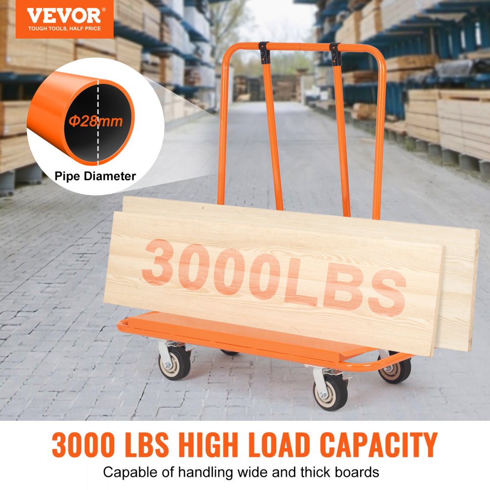 Drywall Cart, 3000 LBS Panel Dolly Cart with 45.28" x 21.8" Deck and 5" Swivel Wheels, Heavy-Duty Drywall Sheet Cart, Handling Wall Panel, Sheetrock, Lumber, for Garage, Home, Warehouse
