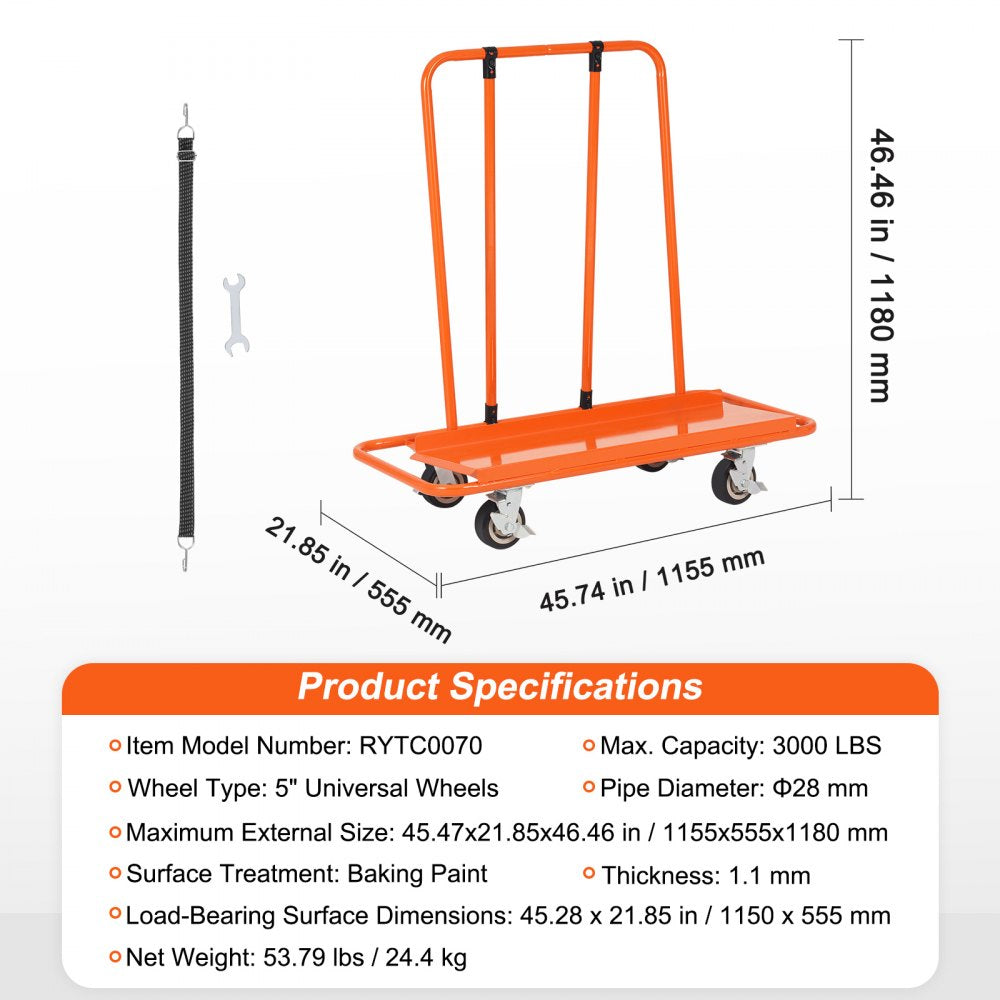Drywall Cart, 3000 LBS Panel Dolly Cart with 45.28" x 21.8" Deck and 5" Swivel Wheels, Heavy-Duty Drywall Sheet Cart, Handling Wall Panel, Sheetrock, Lumber, for Garage, Home, Warehouse