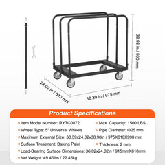 Drywall Cart, 1500 LBS Panel Dolly Cart with 36.02" x 24.02" Deck and 5" Swivel Wheels, Heavy-Duty Drywall Sheet Cart, Handling Wall Panel, Sheetrock, Lumber, for Garage, Home, Warehouse