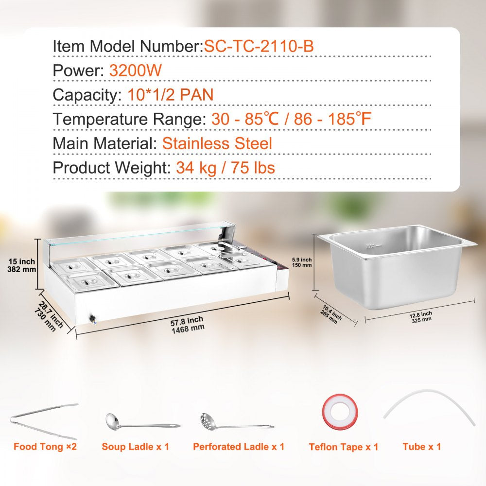Commercial Electric Food Warmer Countertop Buffet 10*8Qt with Glass Shield