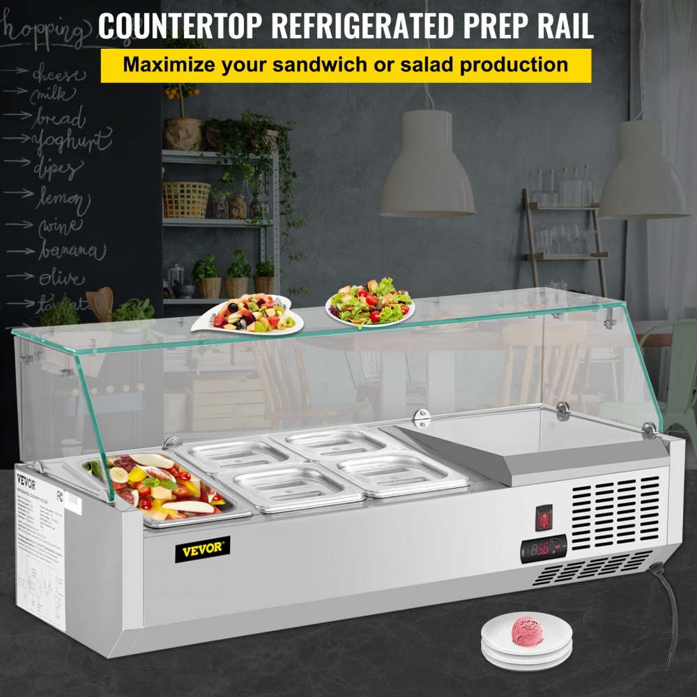Refrigerated Condiment Prep Station, 40-Inch, 7.8Qt Sandwich Prep Table w/ 1 1/3 Pan & 4 1/6 Pans, 150W Salad Bar w/ 304 Stainless Body Tempered Glass Shield Digital Temp Display Auto Defrost