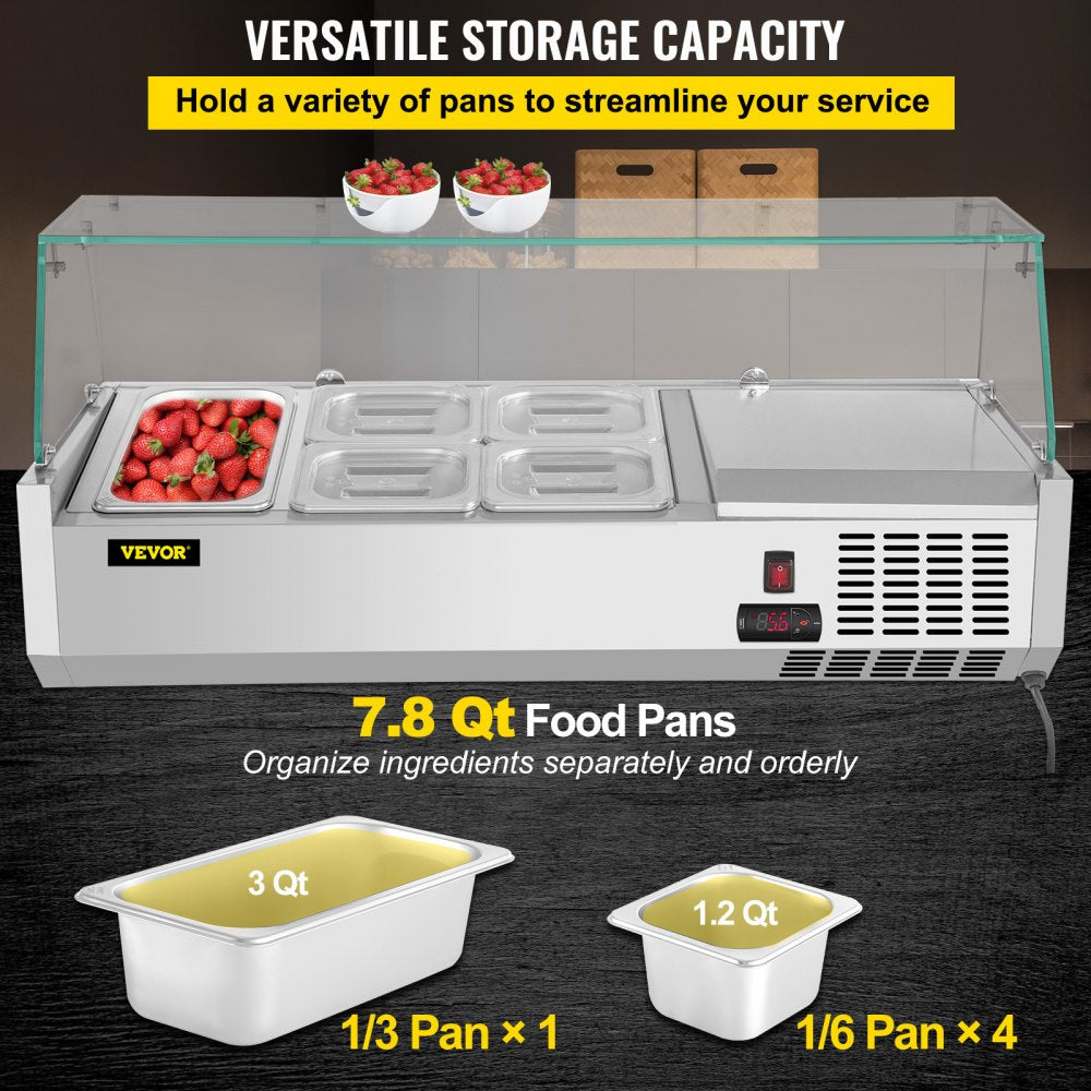 Refrigerated Condiment Prep Station, 40-Inch, 7.8Qt Sandwich Prep Table w/ 1 1/3 Pan & 4 1/6 Pans, 150W Salad Bar w/ 304 Stainless Body Tempered Glass Shield Digital Temp Display Auto Defrost
