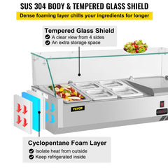 Refrigerated Condiment Prep Station, 40-Inch, 7.8Qt Sandwich Prep Table w/ 1 1/3 Pan & 4 1/6 Pans, 150W Salad Bar w/ 304 Stainless Body Tempered Glass Shield Digital Temp Display Auto Defrost