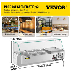 Refrigerated Condiment Prep Station, 40-Inch, 7.8Qt Sandwich Prep Table w/ 1 1/3 Pan & 4 1/6 Pans, 150W Salad Bar w/ 304 Stainless Body Tempered Glass Shield Digital Temp Display Auto Defrost