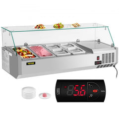 Refrigerated Condiment Prep Station, 48-Inch, 10.8Qt Sandwich Prep Table w/ 2 1/3 Pans & 4 1/6 Pans, 146W Salad Bar w/ 304 Stainless Body Tempered Glass Shield Digital Temp Display Auto Defrost