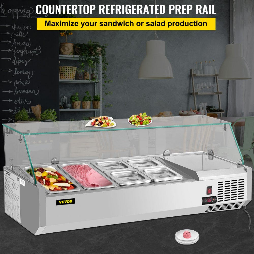 Refrigerated Condiment Prep Station, 48-Inch, 10.8Qt Sandwich Prep Table w/ 2 1/3 Pans & 4 1/6 Pans, 146W Salad Bar w/ 304 Stainless Body Tempered Glass Shield Digital Temp Display Auto Defrost