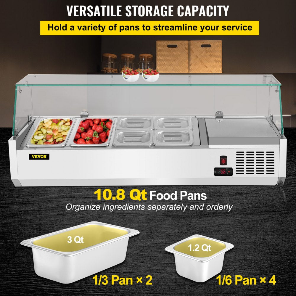 Refrigerated Condiment Prep Station, 48-Inch, 10.8Qt Sandwich Prep Table w/ 2 1/3 Pans & 4 1/6 Pans, 146W Salad Bar w/ 304 Stainless Body Tempered Glass Shield Digital Temp Display Auto Defrost