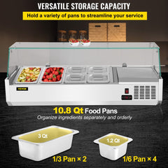 Refrigerated Condiment Prep Station, 48-Inch, 10.8Qt Sandwich Prep Table w/ 2 1/3 Pans & 4 1/6 Pans, 146W Salad Bar w/ 304 Stainless Body Tempered Glass Shield Digital Temp Display Auto Defrost