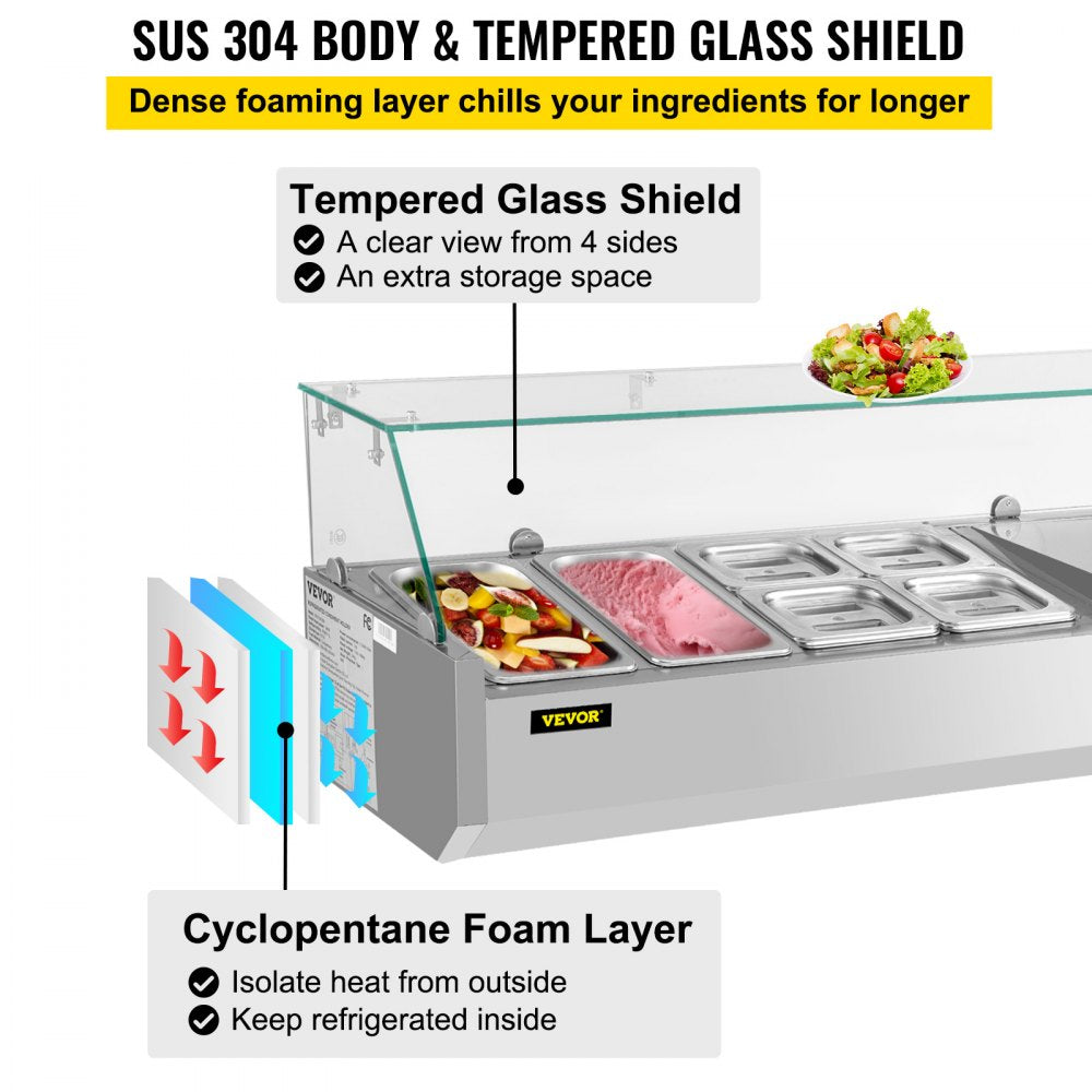 Refrigerated Condiment Prep Station, 48-Inch, 10.8Qt Sandwich Prep Table w/ 2 1/3 Pans & 4 1/6 Pans, 146W Salad Bar w/ 304 Stainless Body Tempered Glass Shield Digital Temp Display Auto Defrost