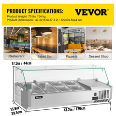 Refrigerated Condiment Prep Station, 48-Inch, 10.8Qt Sandwich Prep Table w/ 2 1/3 Pans & 4 1/6 Pans, 146W Salad Bar w/ 304 Stainless Body Tempered Glass Shield Digital Temp Display Auto Defrost