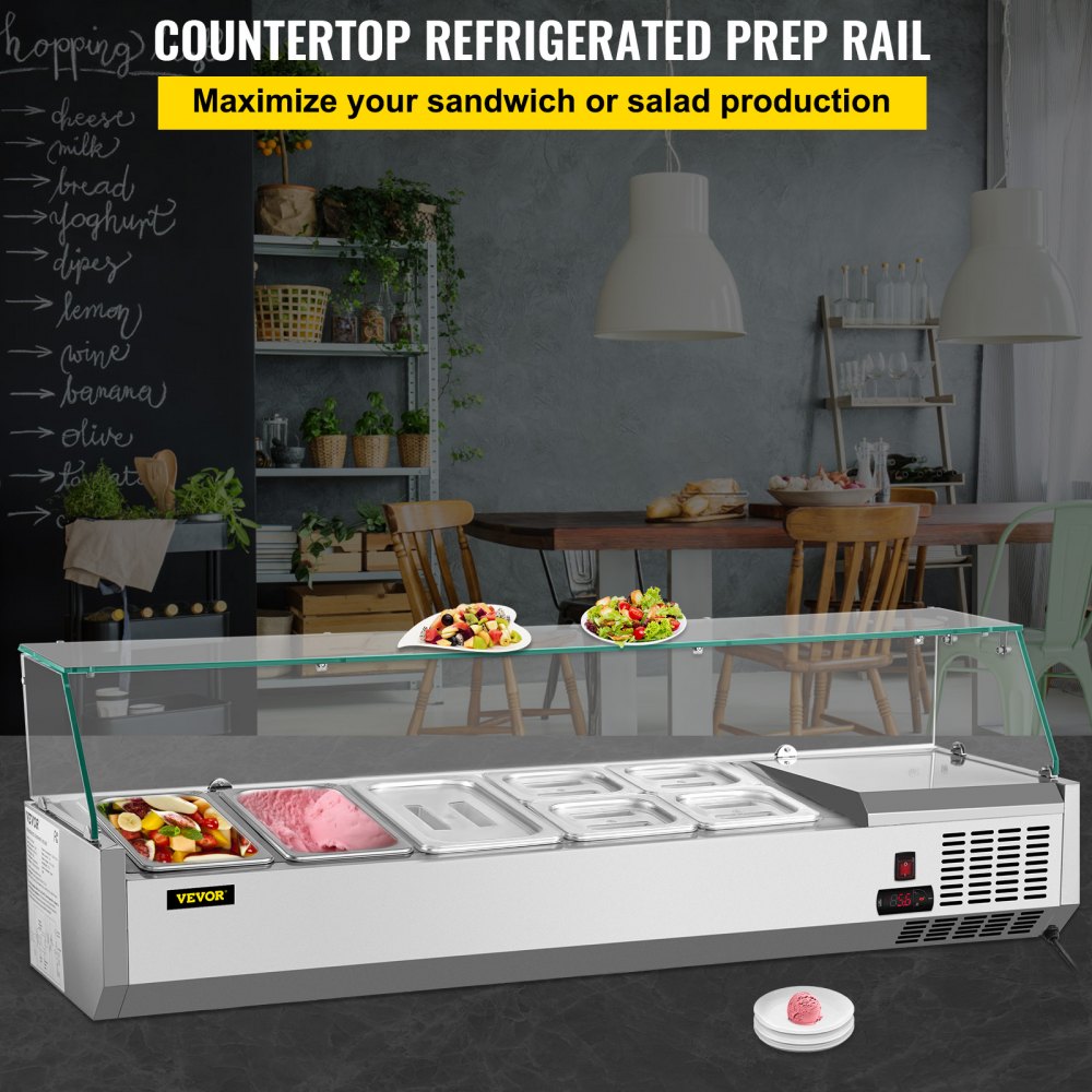Refrigerated Condiment Prep Station, 55-Inch, 13.8Qt Sandwich Prep Table w/ 3 1/3 Pans & 4 1/6 Pans, 150W Salad Bar w/ 304 Stainless Body Tempered Glass Shield Digital Temp Display Auto Defrost
