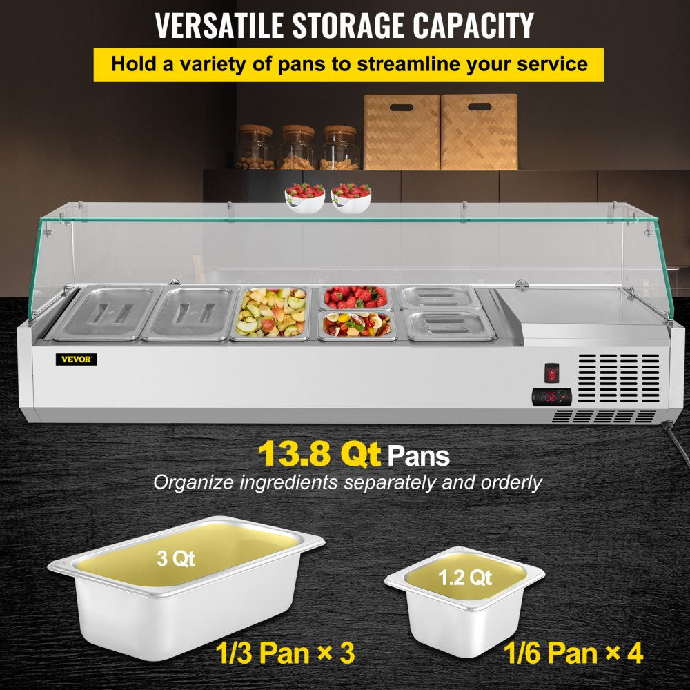 Refrigerated Condiment Prep Station, 55-Inch, 13.8Qt Sandwich Prep Table w/ 3 1/3 Pans & 4 1/6 Pans, 150W Salad Bar w/ 304 Stainless Body Tempered Glass Shield Digital Temp Display Auto Defrost