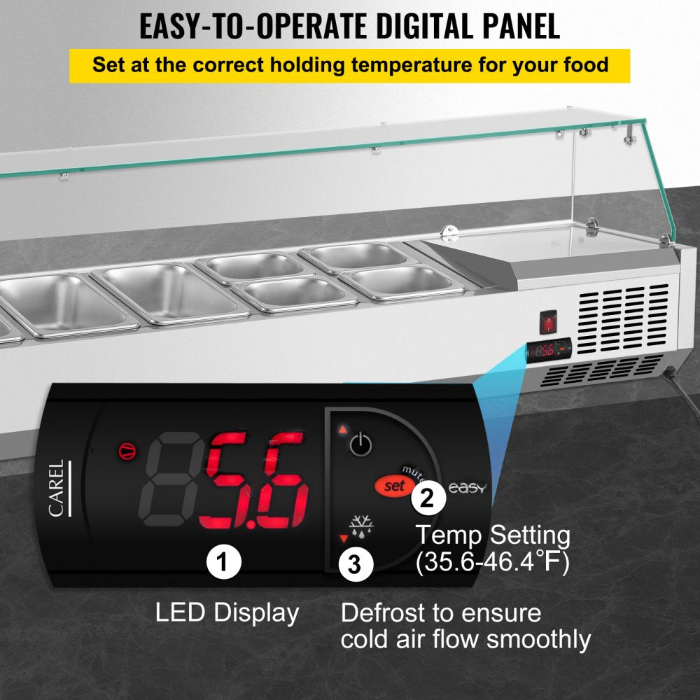 Refrigerated Condiment Prep Station, 55-Inch, 13.8Qt Sandwich Prep Table w/ 3 1/3 Pans & 4 1/6 Pans, 150W Salad Bar w/ 304 Stainless Body Tempered Glass Shield Digital Temp Display Auto Defrost