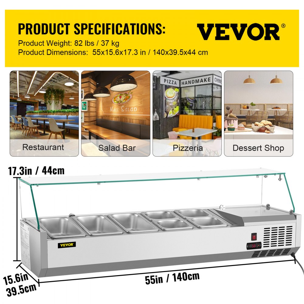Refrigerated Condiment Prep Station, 55-Inch, 13.8Qt Sandwich Prep Table w/ 3 1/3 Pans & 4 1/6 Pans, 150W Salad Bar w/ 304 Stainless Body Tempered Glass Shield Digital Temp Display Auto Defrost