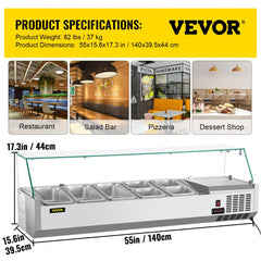 Refrigerated Condiment Prep Station, 55-Inch, 13.8Qt Sandwich Prep Table w/ 3 1/3 Pans & 4 1/6 Pans, 150W Salad Bar w/ 304 Stainless Body Tempered Glass Shield Digital Temp Display Auto Defrost