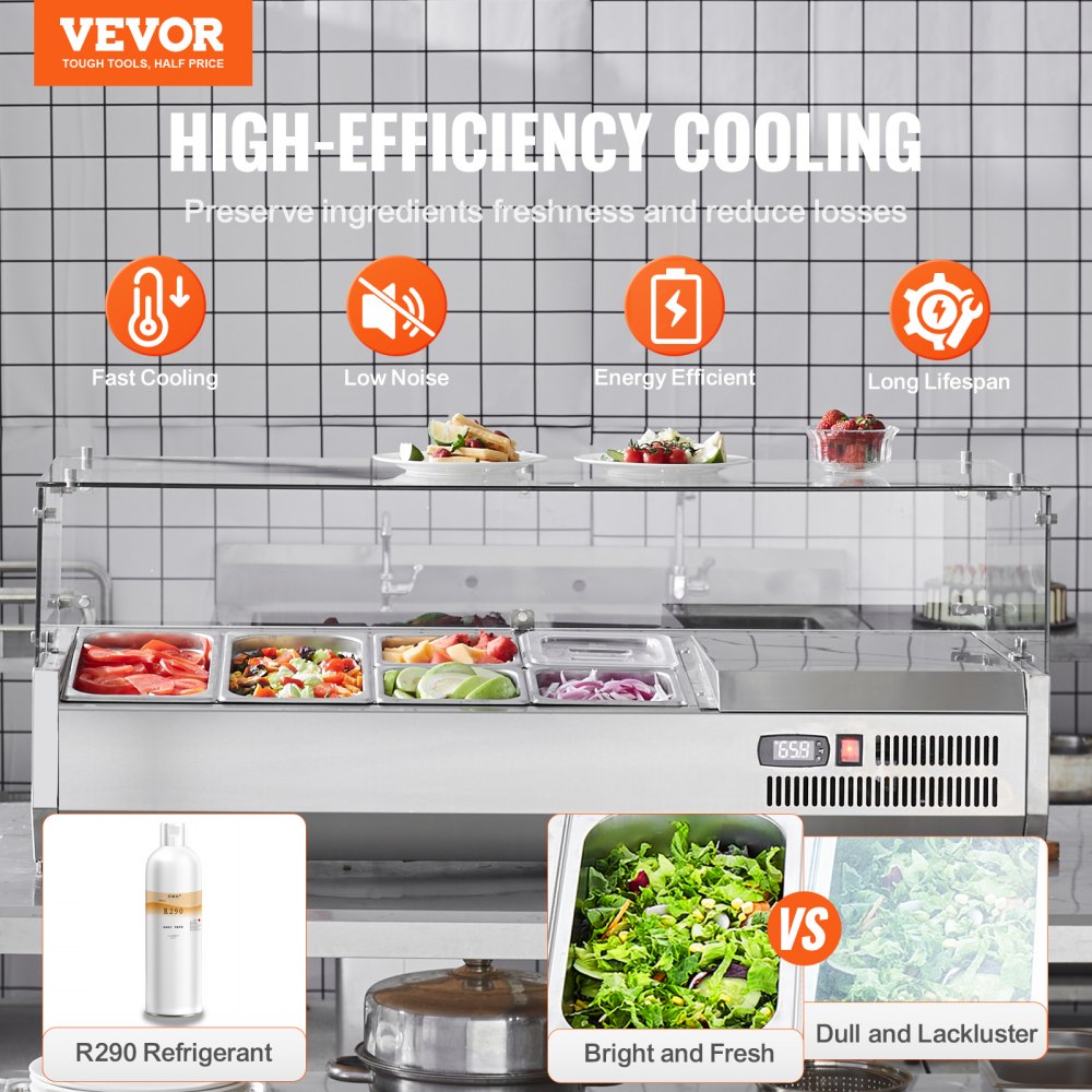 Refrigerated Condiment Prep Station, 135 W Countertop Refrigerated Condiment Station, with 2 1/3 Pans & 4 1/6 Pans, 304 Stainless Body and PC Lid, Sandwich Prep Table with Glass Guard, ETL
