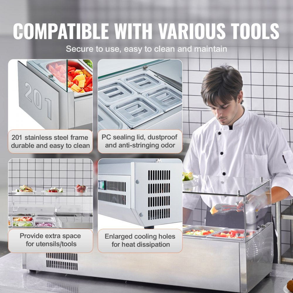 Refrigerated Condiment Prep Station, 135 W Countertop Refrigerated Condiment Station, with 2 1/3 Pans & 4 1/6 Pans, 304 Stainless Body and PC Lid, Sandwich Prep Table with Glass Guard, ETL