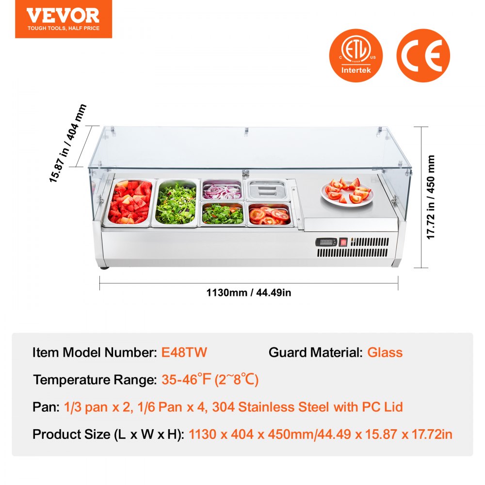 Refrigerated Condiment Prep Station, 135 W Countertop Refrigerated Condiment Station, with 2 1/3 Pans & 4 1/6 Pans, 304 Stainless Body and PC Lid, Sandwich Prep Table with Glass Guard, ETL