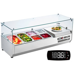Refrigerated Condiment Prep Station, 135 W Countertop Refrigerated Condiment Station, with 2 1/3 Pans & 4 1/6 Pans, 304 Stainless Body and PC Lid, Sandwich Prep Table with Glass Guard, ETL