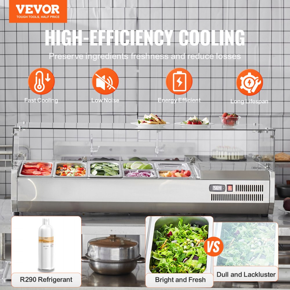 Refrigerated Condiment Prep Station, 140 W Countertop Refrigerated Condiment Station, with 3 1/3 Pans & 4 1/6 Pans, 304 Stainless Body and PC Lid, Sandwich Prep Table with Glass Guard, ETL