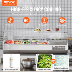 Refrigerated Condiment Prep Station, 140 W Countertop Refrigerated Condiment Station, with 3 1/3 Pans & 4 1/6 Pans, 304 Stainless Body and PC Lid, Sandwich Prep Table with Glass Guard, ETL