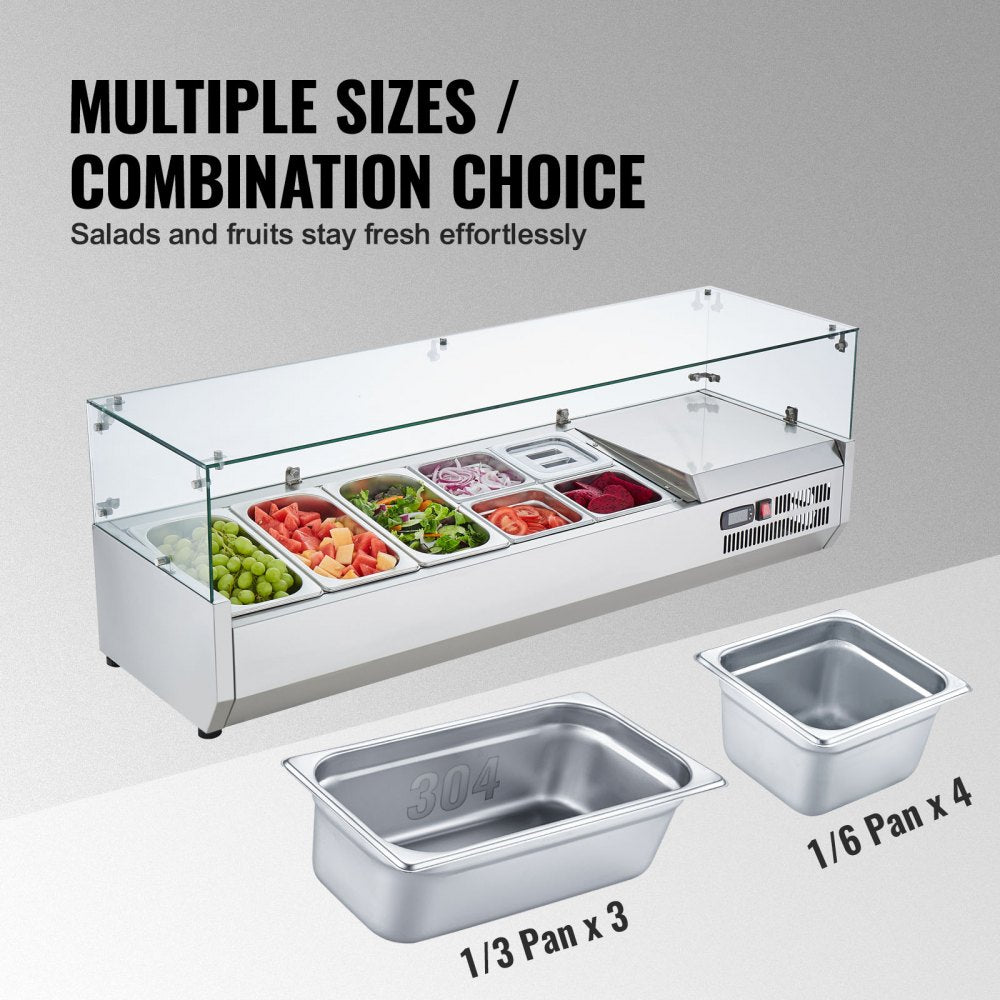 Refrigerated Condiment Prep Station, 140 W Countertop Refrigerated Condiment Station, with 3 1/3 Pans & 4 1/6 Pans, 304 Stainless Body and PC Lid, Sandwich Prep Table with Glass Guard, ETL