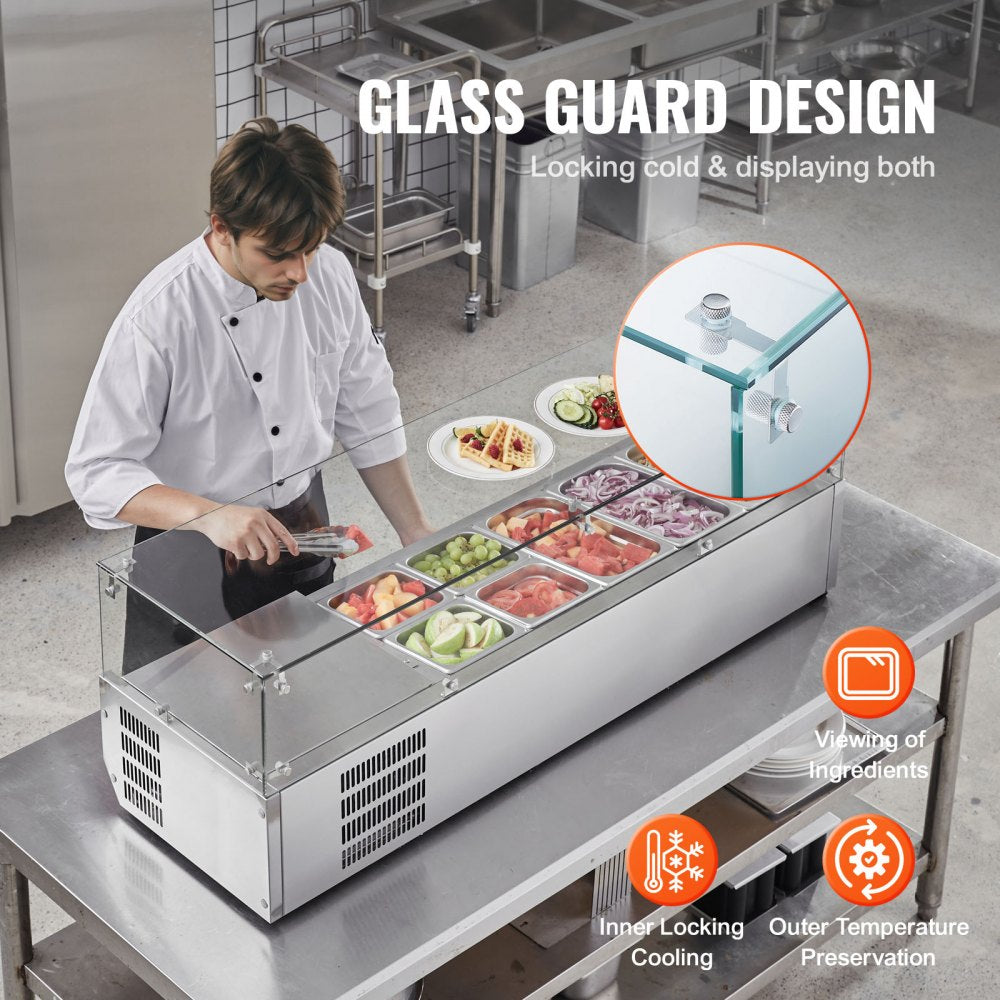 Refrigerated Condiment Prep Station, 140 W Countertop Refrigerated Condiment Station, with 3 1/3 Pans & 4 1/6 Pans, 304 Stainless Body and PC Lid, Sandwich Prep Table with Glass Guard, ETL