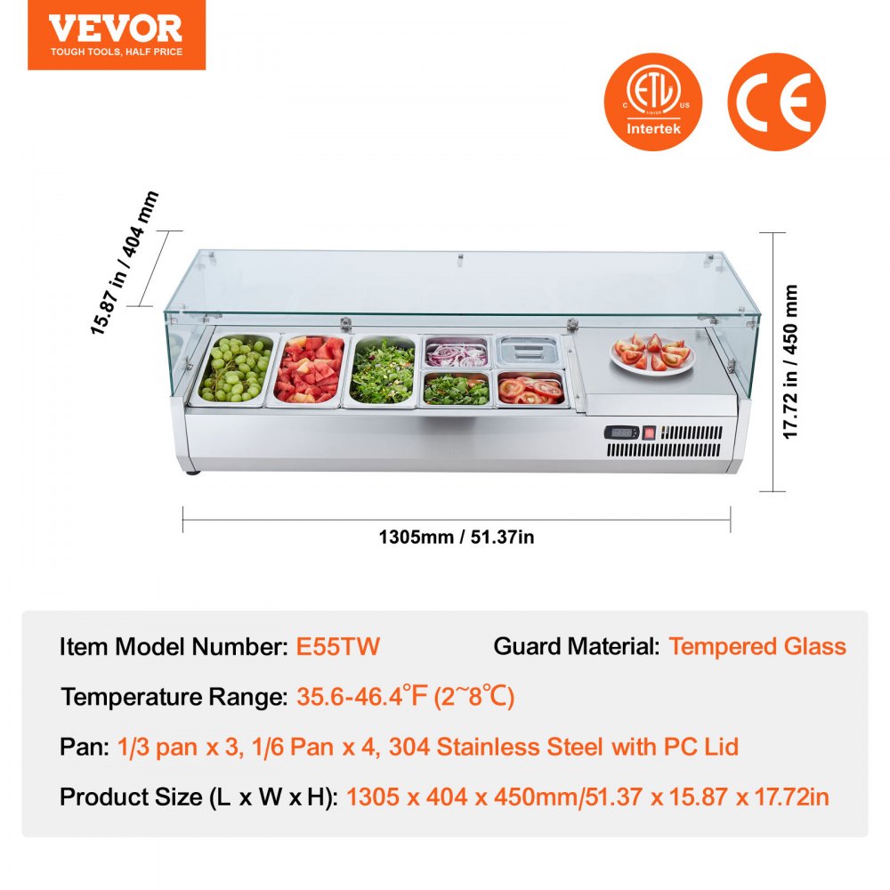 Refrigerated Condiment Prep Station, 140 W Countertop Refrigerated Condiment Station, with 3 1/3 Pans & 4 1/6 Pans, 304 Stainless Body and PC Lid, Sandwich Prep Table with Glass Guard, ETL