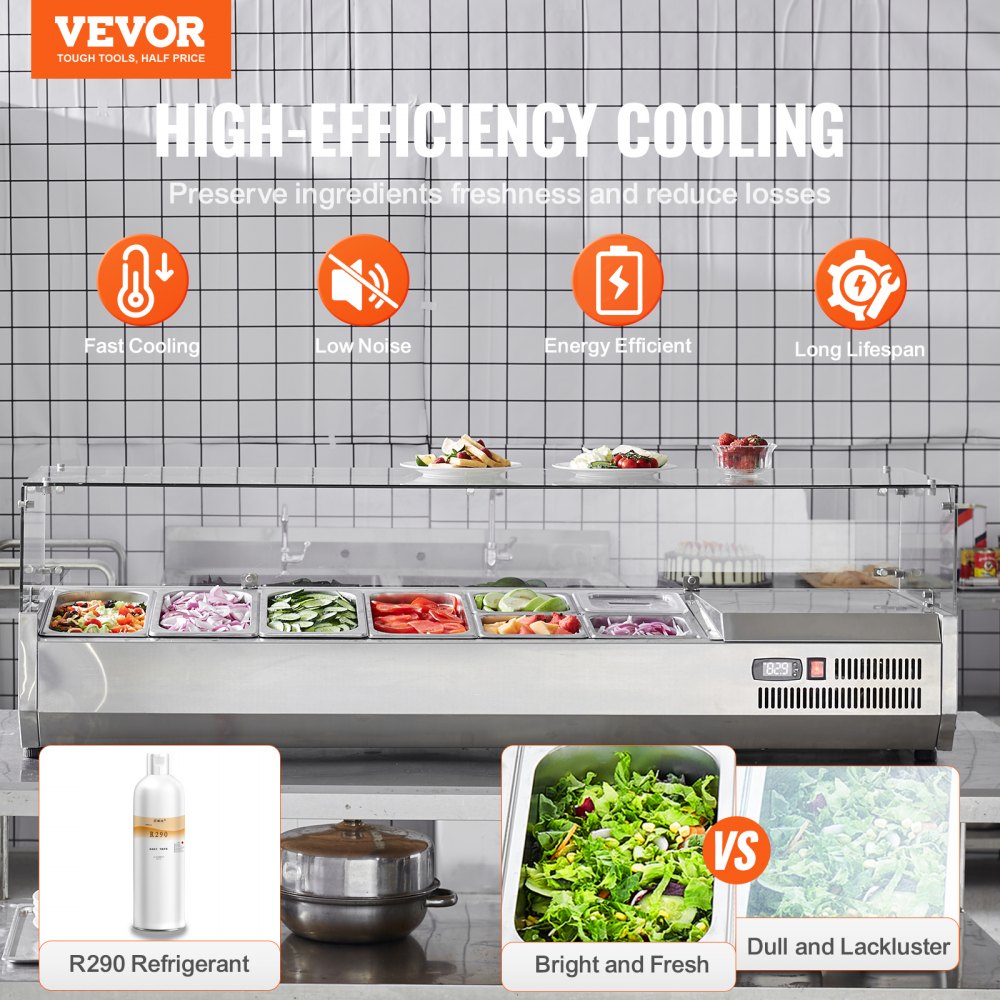 Refrigerated Condiment Prep Station, 150 W Countertop Refrigerated Condiment Station, with 4 1/3 Pans & 4 1/6 Pans, 304 Stainless Body and PC Lid, Sandwich Prep Table with Glass Guard, ETL