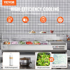 Refrigerated Condiment Prep Station, 150 W Countertop Refrigerated Condiment Station, with 4 1/3 Pans & 4 1/6 Pans, 304 Stainless Body and PC Lid, Sandwich Prep Table with Glass Guard, ETL