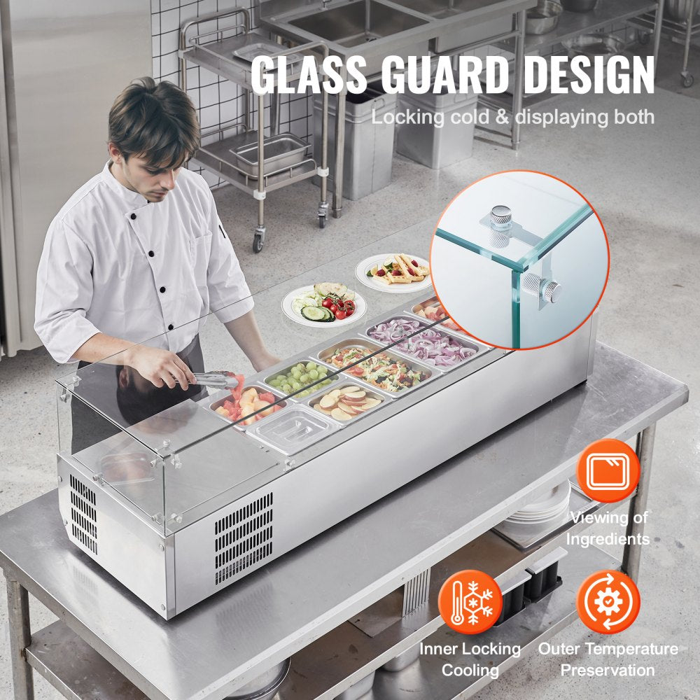 Refrigerated Condiment Prep Station, 150 W Countertop Refrigerated Condiment Station, with 4 1/3 Pans & 4 1/6 Pans, 304 Stainless Body and PC Lid, Sandwich Prep Table with Glass Guard, ETL
