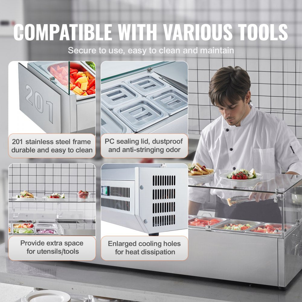 Refrigerated Condiment Prep Station, 150 W Countertop Refrigerated Condiment Station, with 4 1/3 Pans & 4 1/6 Pans, 304 Stainless Body and PC Lid, Sandwich Prep Table with Glass Guard, ETL