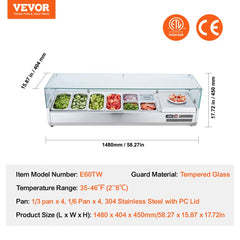 Refrigerated Condiment Prep Station, 150 W Countertop Refrigerated Condiment Station, with 4 1/3 Pans & 4 1/6 Pans, 304 Stainless Body and PC Lid, Sandwich Prep Table with Glass Guard, ETL