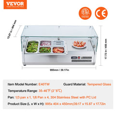 Refrigerated Condiment Prep Station, 130 W Countertop Refrigerated Condiment Station, with 1 1/3 Pan & 4 1/6 Pans, 304 Stainless Body and PC Lid, Sandwich Prep Table with Glass Guard, ETL