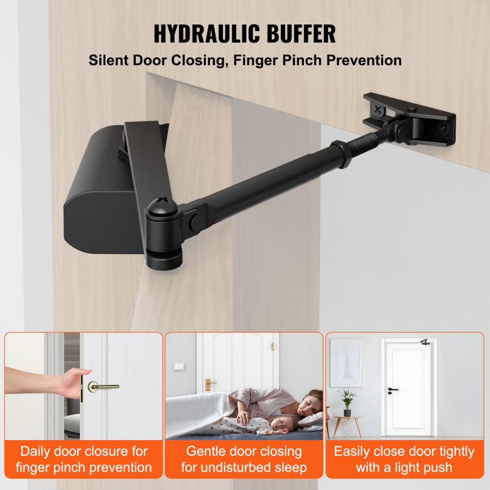 Door Closer, Automatic Door Closer Commercial or Residential Use for Door Weights 100 Lbs, Adjustable Size Hydraulic Buffer Door Closers Heavy Duty Cast Aluminum Body, Easy Install, Black