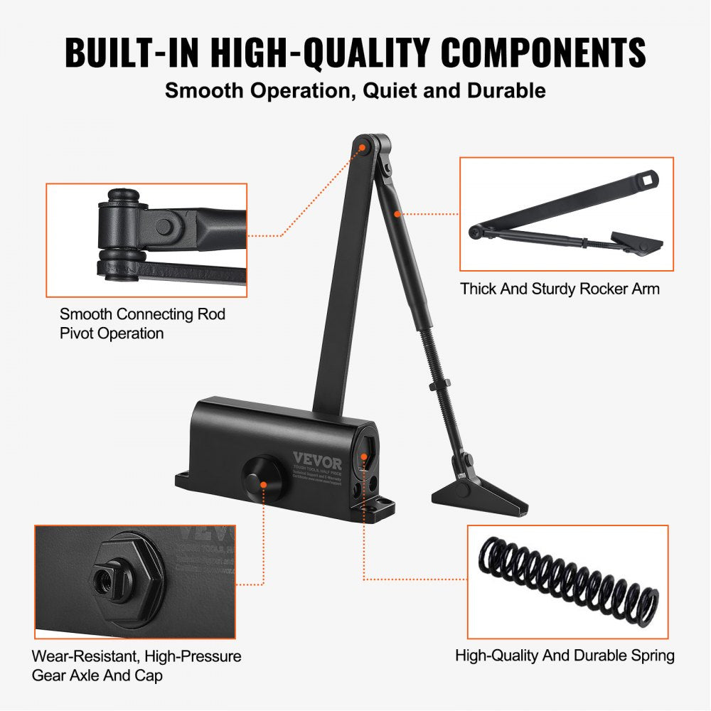 Door Closer, Automatic Door Closer Commercial or Residential Use for Door Weights 100 Lbs, Adjustable Size Hydraulic Buffer Door Closers Heavy Duty Cast Aluminum Body, Easy Install, Black