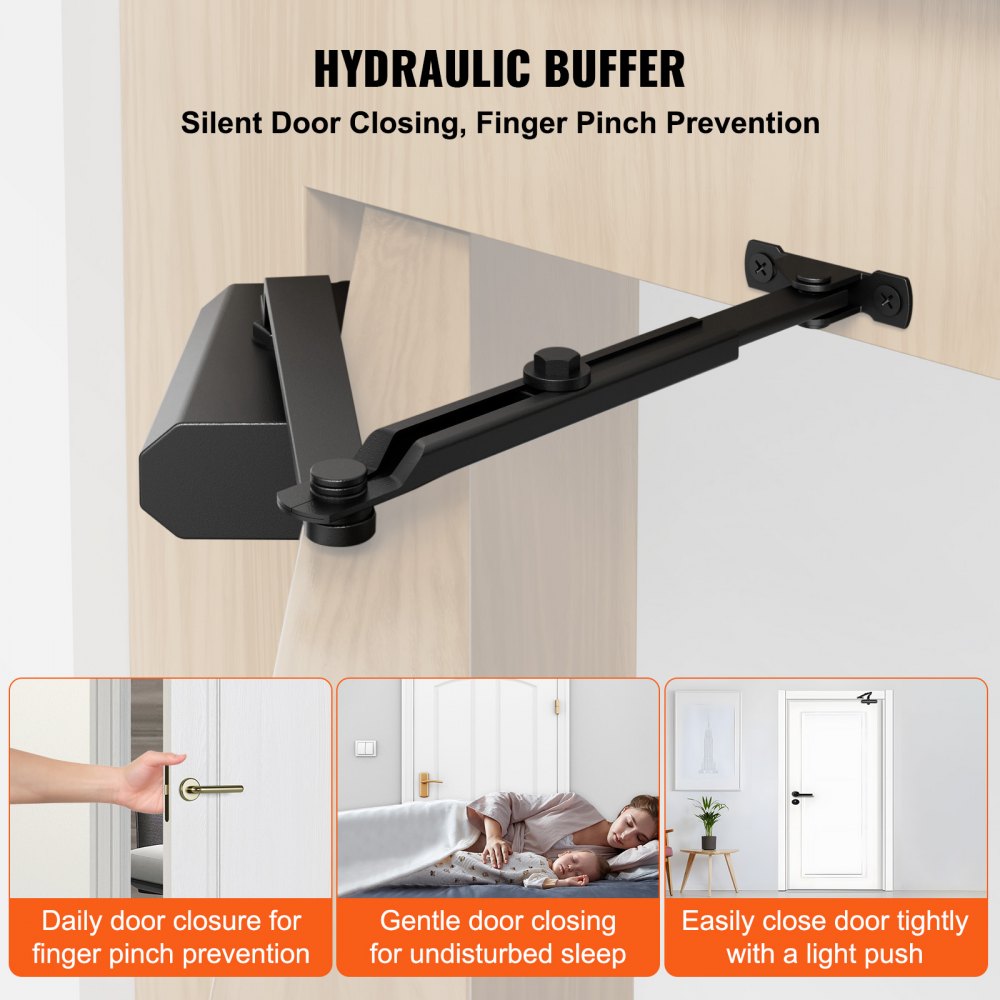 Door Closer, Automatic Door Closer Commercial or Residential Use for Door Weights 150 Lbs, Adjustable Size Hydraulic Buffer Door Closers Heavy Duty Cast Aluminum Body, Easy Install, Black