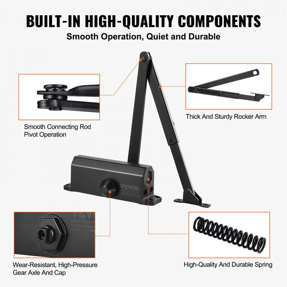 Door Closer, Automatic Door Closer Commercial or Residential Use for Door Weights 150 Lbs, Adjustable Size Hydraulic Buffer Door Closers Heavy Duty Cast Aluminum Body, Easy Install, Black