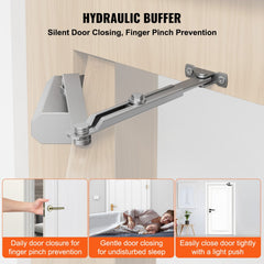 Door Closer, Automatic Door Closer Commercial or Residential Use for Door Weights 150 Lbs, Adjustable Size Hydraulic Buffer Door Closers Heavy Duty Cast Aluminum Body, Easy Install, Silver