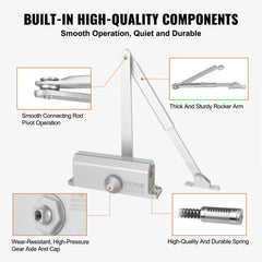 Door Closer, Automatic Door Closer Commercial or Residential Use for Door Weights 150 Lbs, Adjustable Size Hydraulic Buffer Door Closers Heavy Duty Cast Aluminum Body, Easy Install, Silver