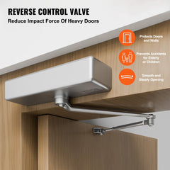 Door Closer, Automatic Door Closer Commercial or Residential Use for Door Weights 265 Lbs, Adjustable Size Hydraulic Buffer Door Closers Heavy Duty Cast Aluminum Body, Easy Install, Silver