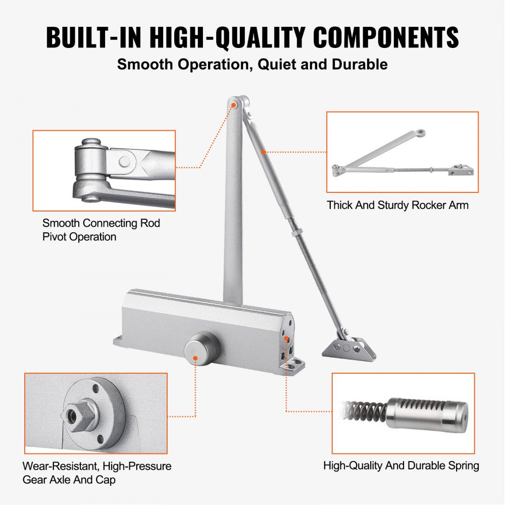 Door Closer, Automatic Door Closer Commercial or Residential Use for Door Weights 265 Lbs, Adjustable Size Hydraulic Buffer Door Closers Heavy Duty Cast Aluminum Body, Easy Install, Silver