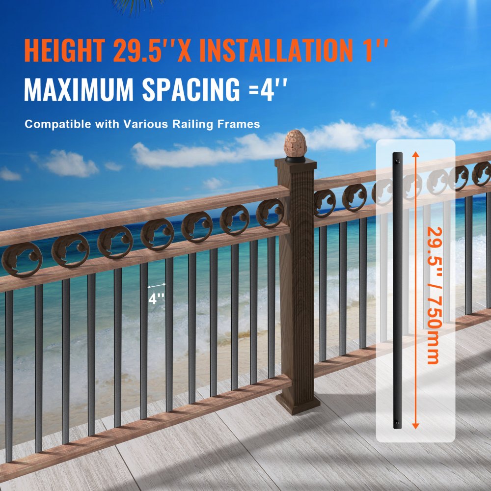 Matte black aluminum deck balusters, 29.5 inches tall, in a pack of 51 with screws included.